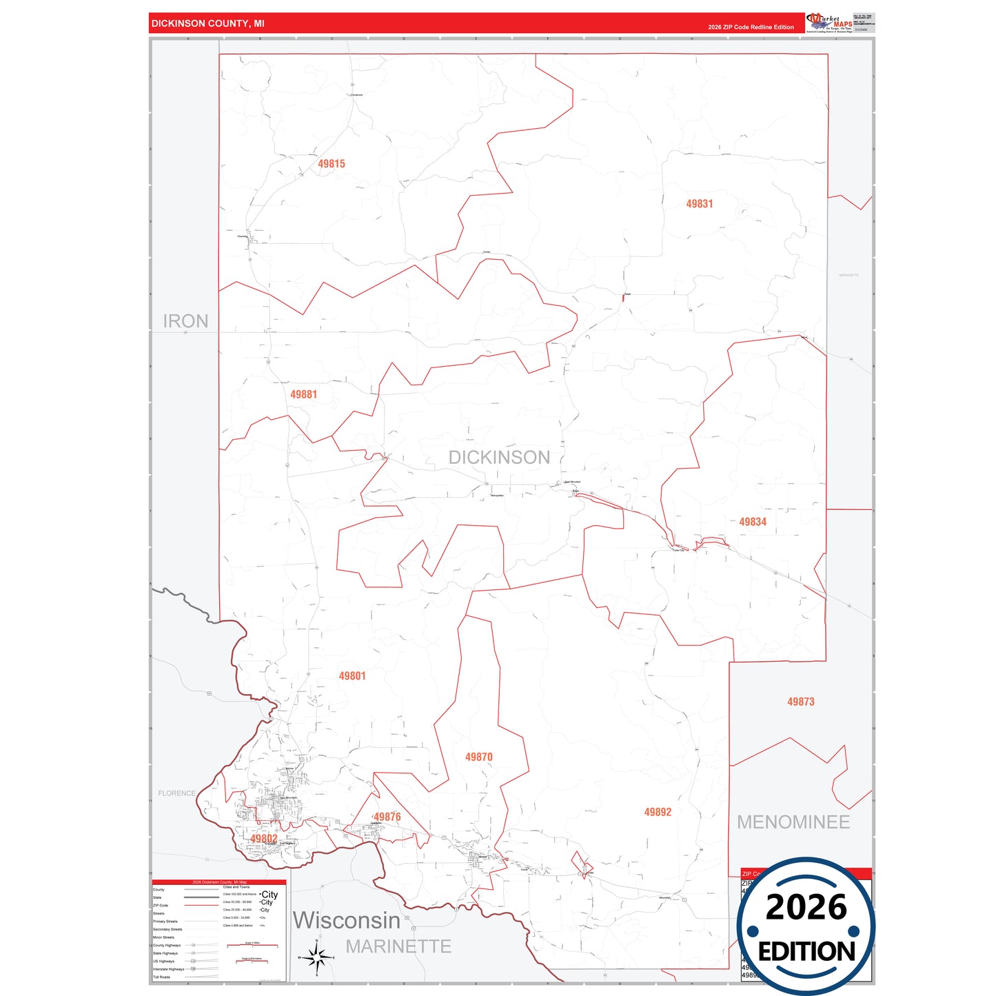 Dickinson County, MI Red Line 5 Digit ZIP Code Wall Map