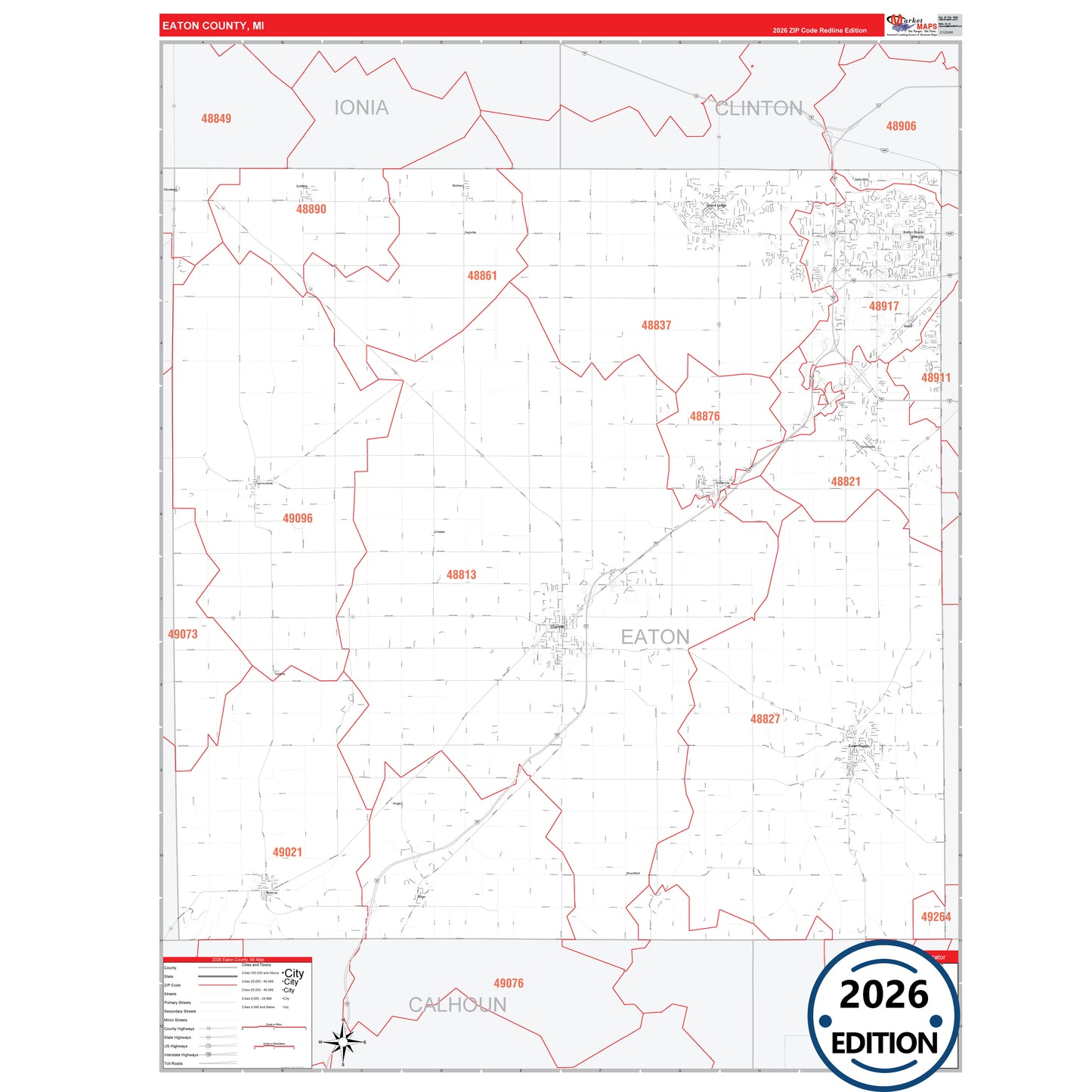 Eaton County, MI Red Line 5 Digit ZIP Code Wall Map