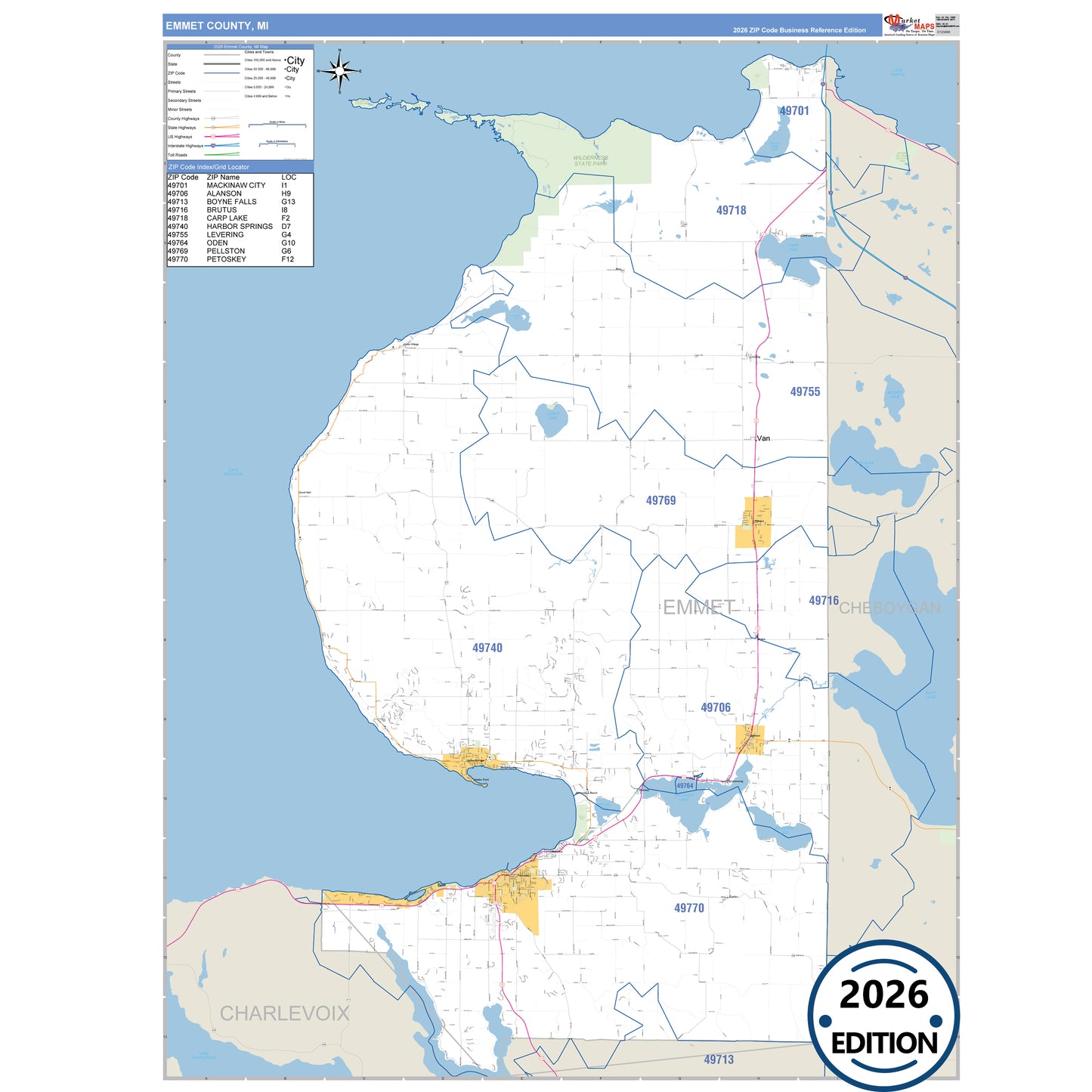 Emmet County, MI Business Reference 5 Digit ZIP Code Wall Map