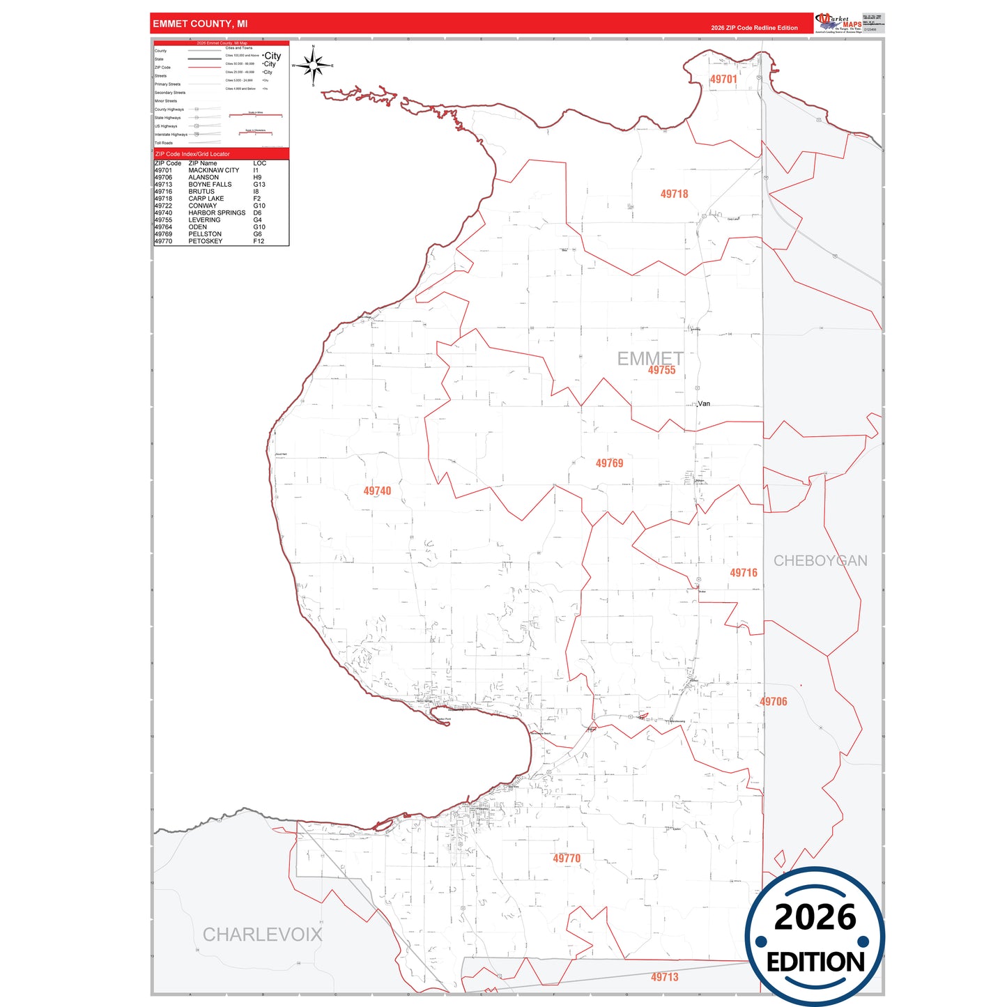 Emmet County, MI Red Line 5 Digit ZIP Code Wall Map
