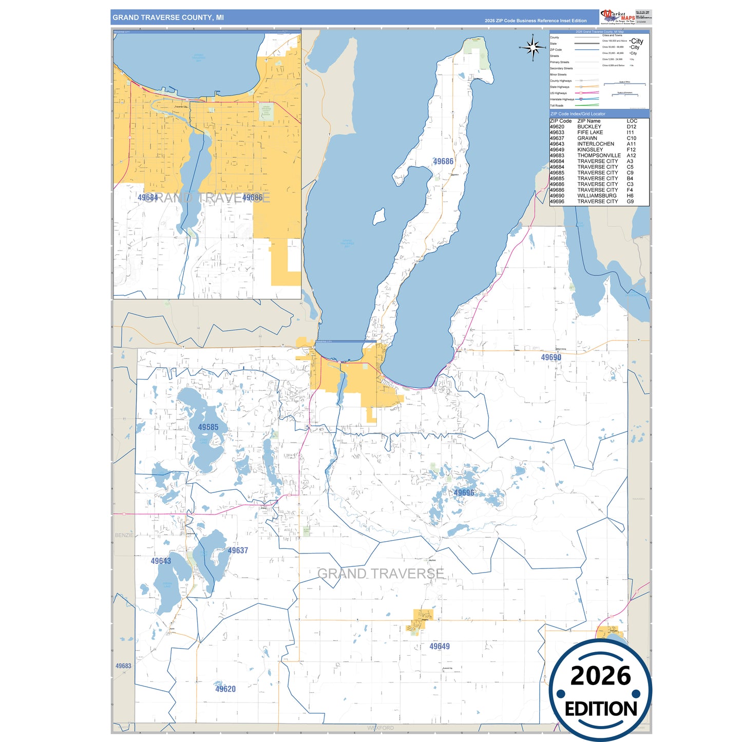 Grand Traverse County, MI Business Reference 5 Digit ZIP Code Wall Map