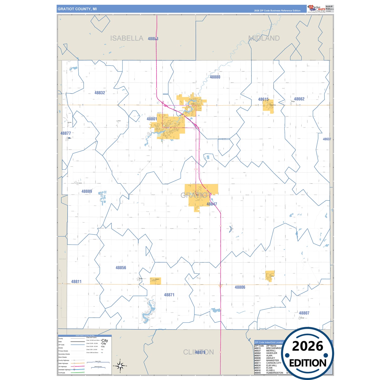 Gratiot County, MI Business Reference 5 Digit ZIP Code Wall Map