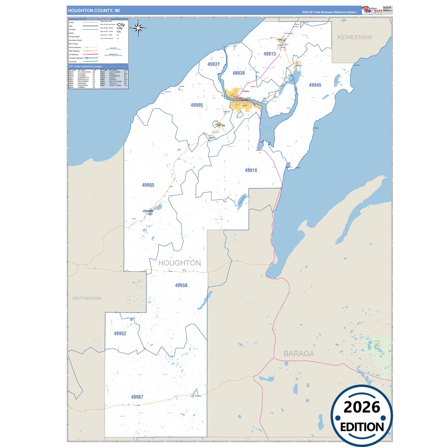 Houghton County, MI Business Reference 5 Digit ZIP Code Wall Map