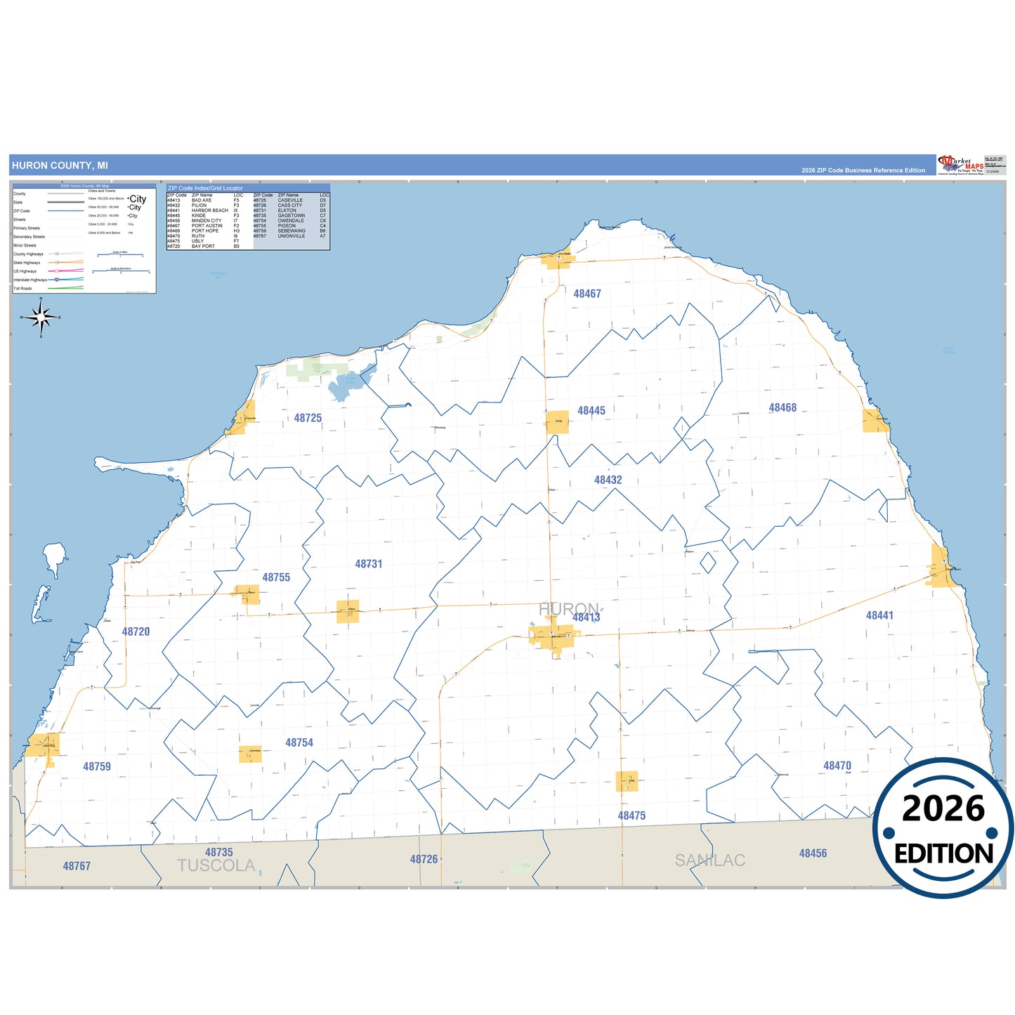 Huron County, MI Business Reference 5 Digit ZIP Code Wall Map