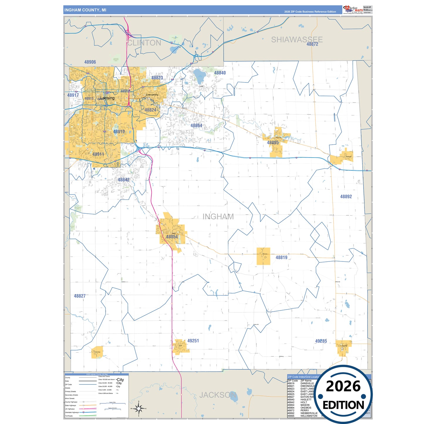 Ingham County, MI Business Reference 5 Digit ZIP Code Wall Map
