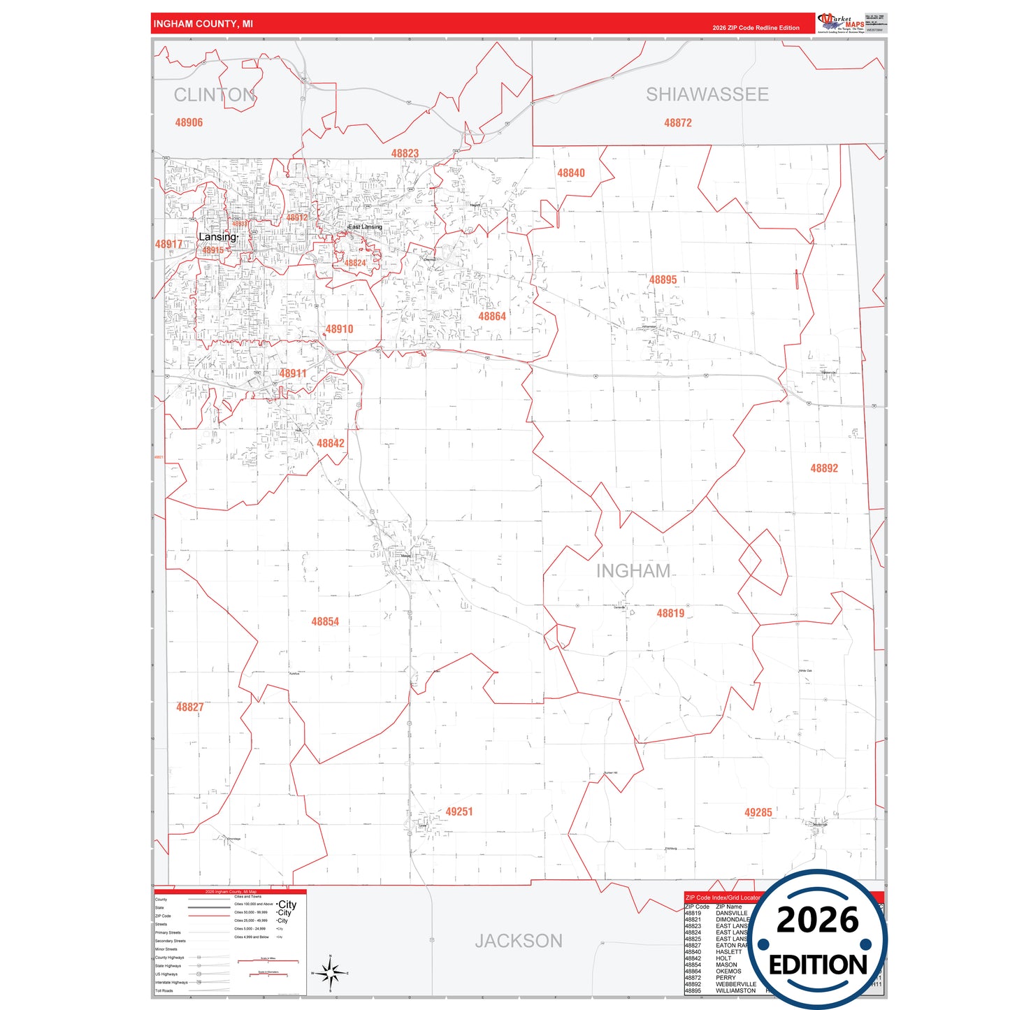Ingham County, MI Red Line 5 Digit ZIP Code Wall Map