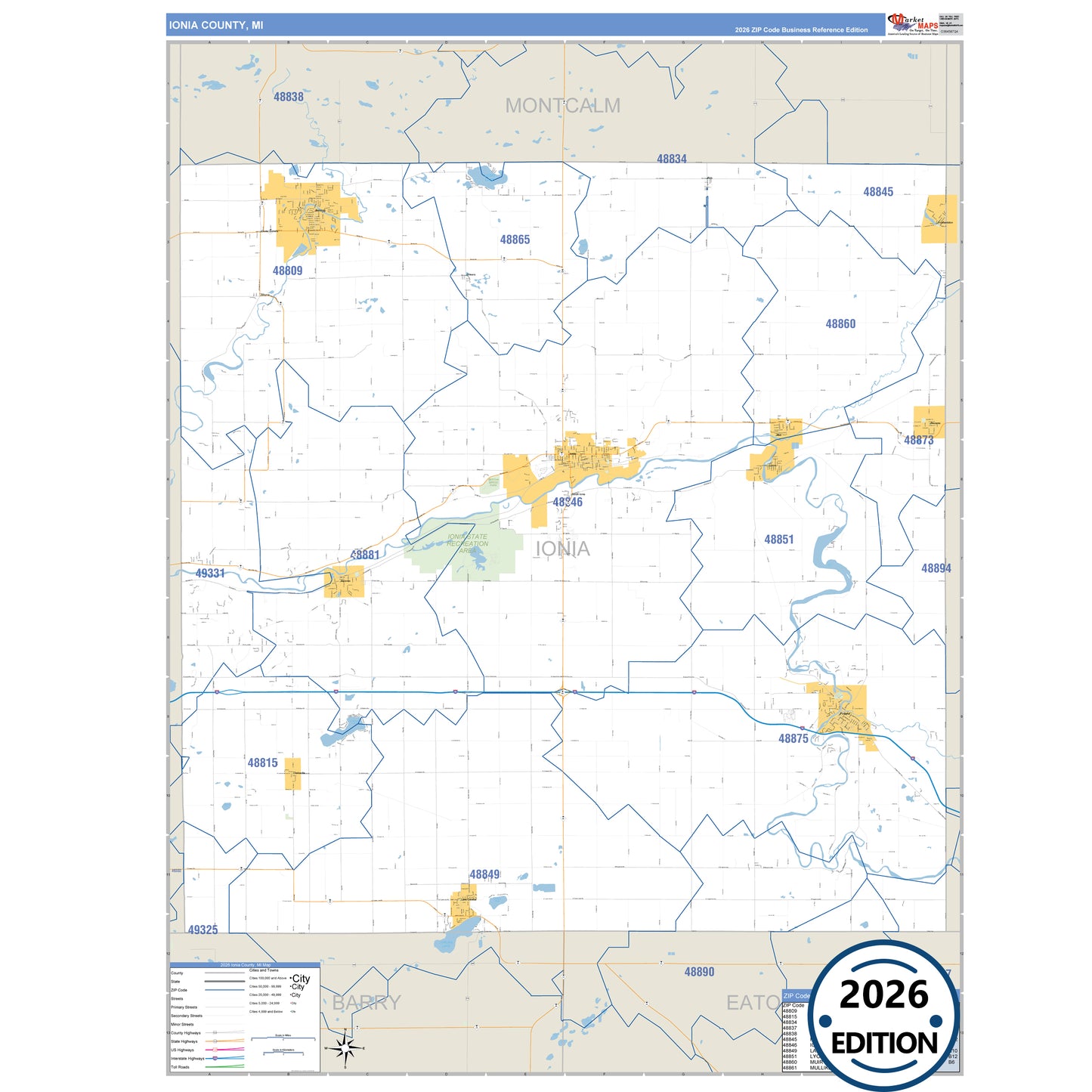Ionia County, MI Business Reference 5 Digit ZIP Code Wall Map