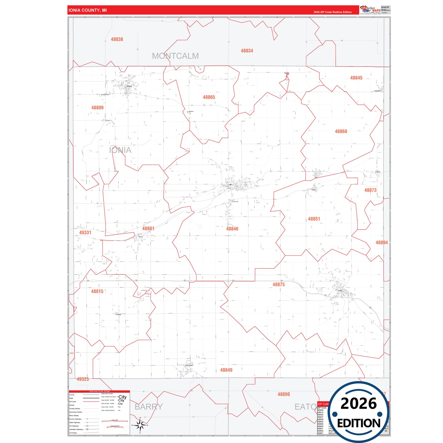 Ionia County, MI Red Line 5 Digit ZIP Code Wall Map