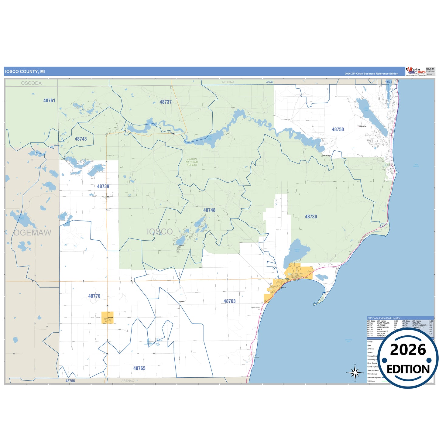 Iosco County, MI Business Reference 5 Digit ZIP Code Wall Map