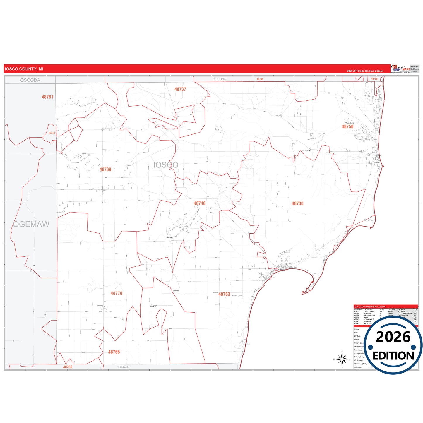 Iosco County, MI Red Line 5 Digit ZIP Code Wall Map