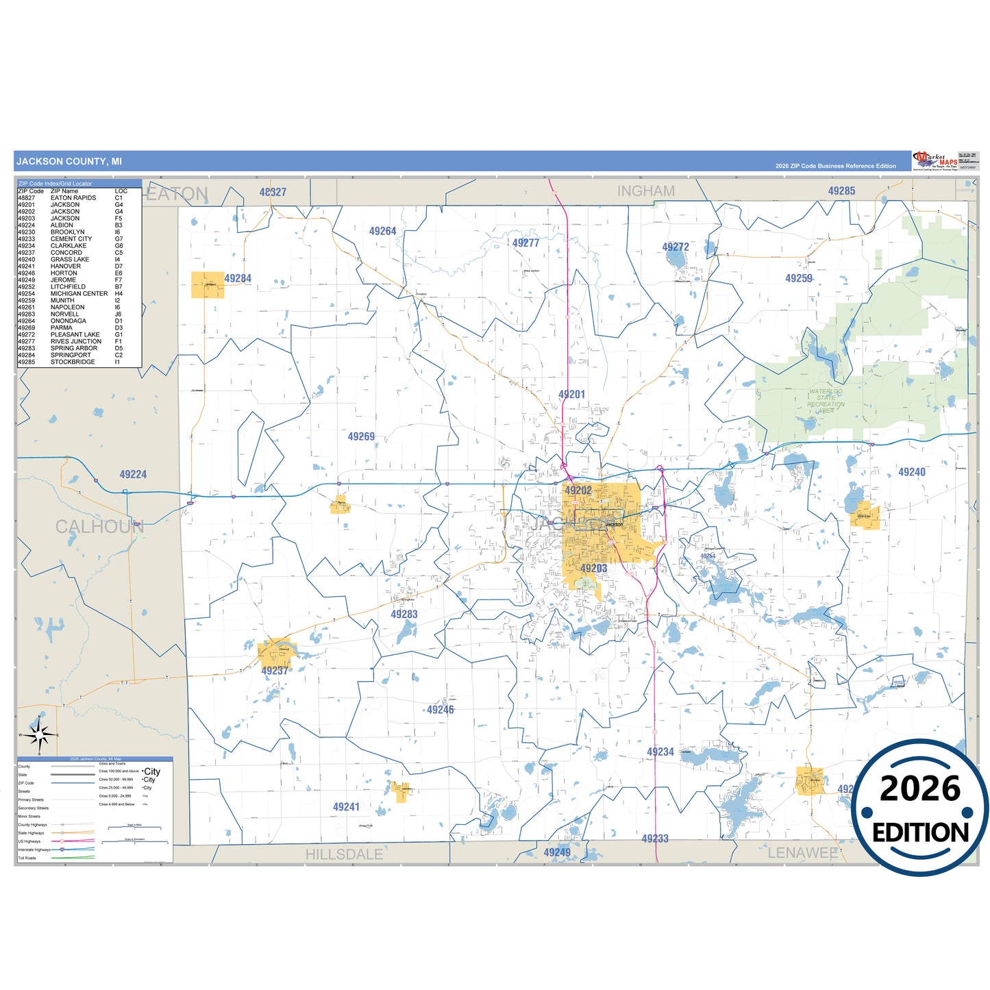 Jackson County, MI Business Reference 5 Digit ZIP Code Wall Map