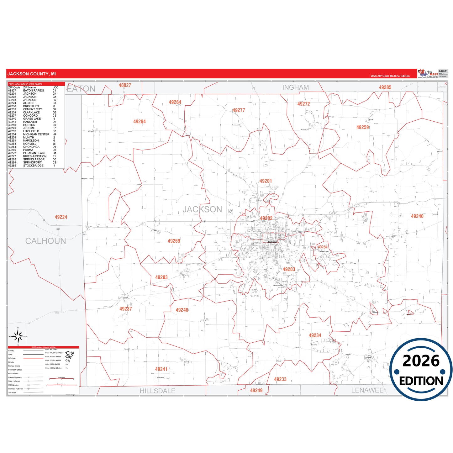 Jackson County, MI Red Line 5 Digit ZIP Code Wall Map