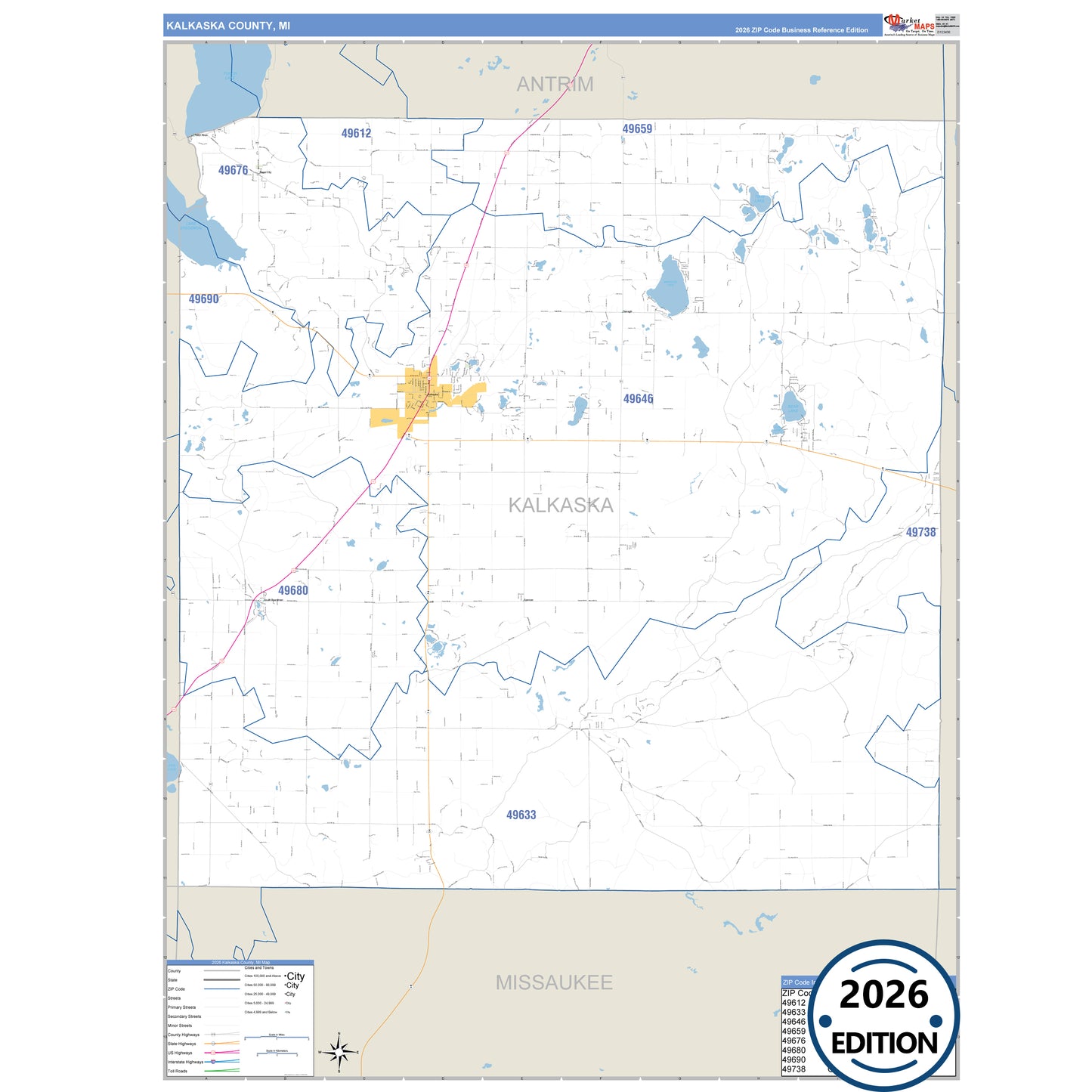 Kalkaska County, MI Business Reference 5 Digit ZIP Code Wall Map