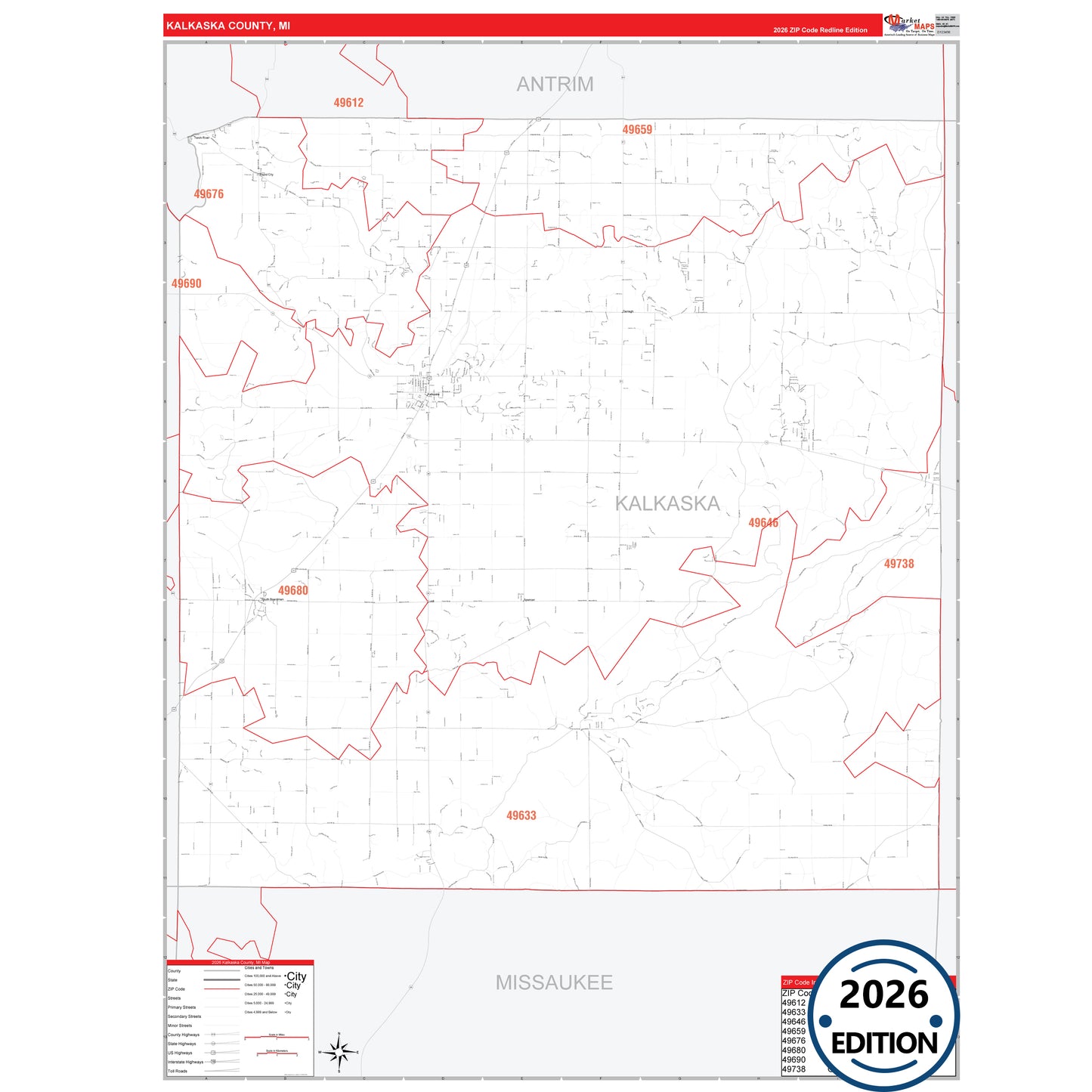 Kalkaska County, MI Red Line 5 Digit ZIP Code Wall Map