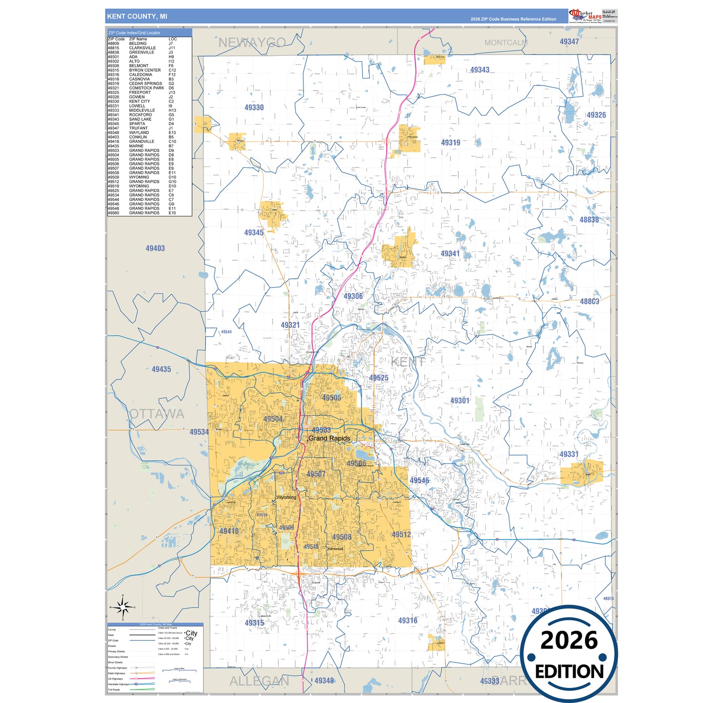 Kent County, MI Business Reference 5 Digit ZIP Code Wall Map