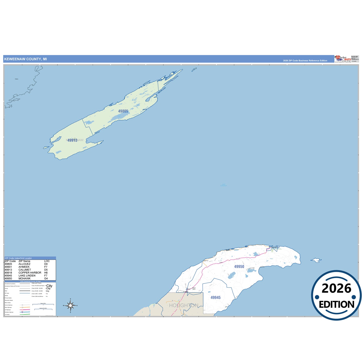 Keweenaw County, MI Business Reference 5 Digit ZIP Code Wall Map