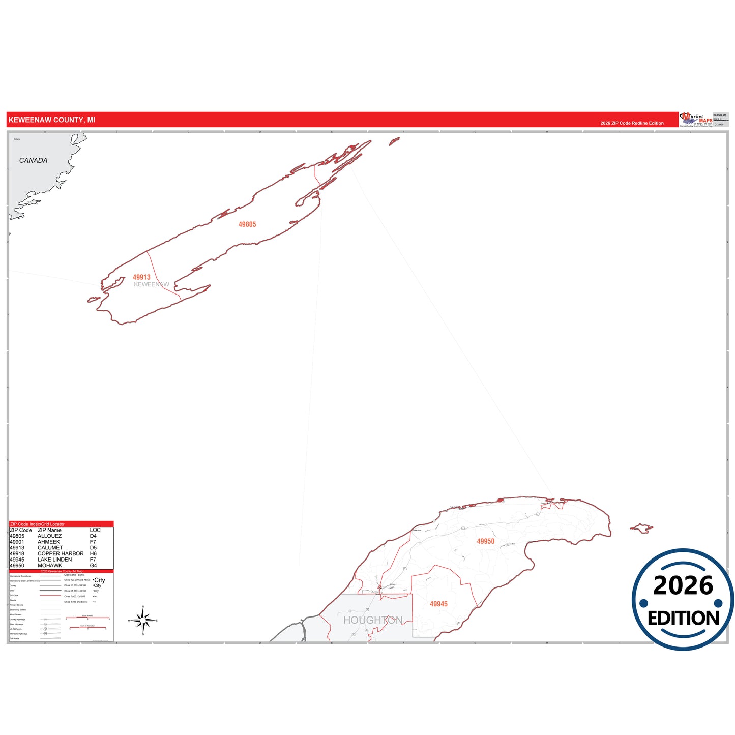 Keweenaw County, MI Red Line 5 Digit ZIP Code Wall Map