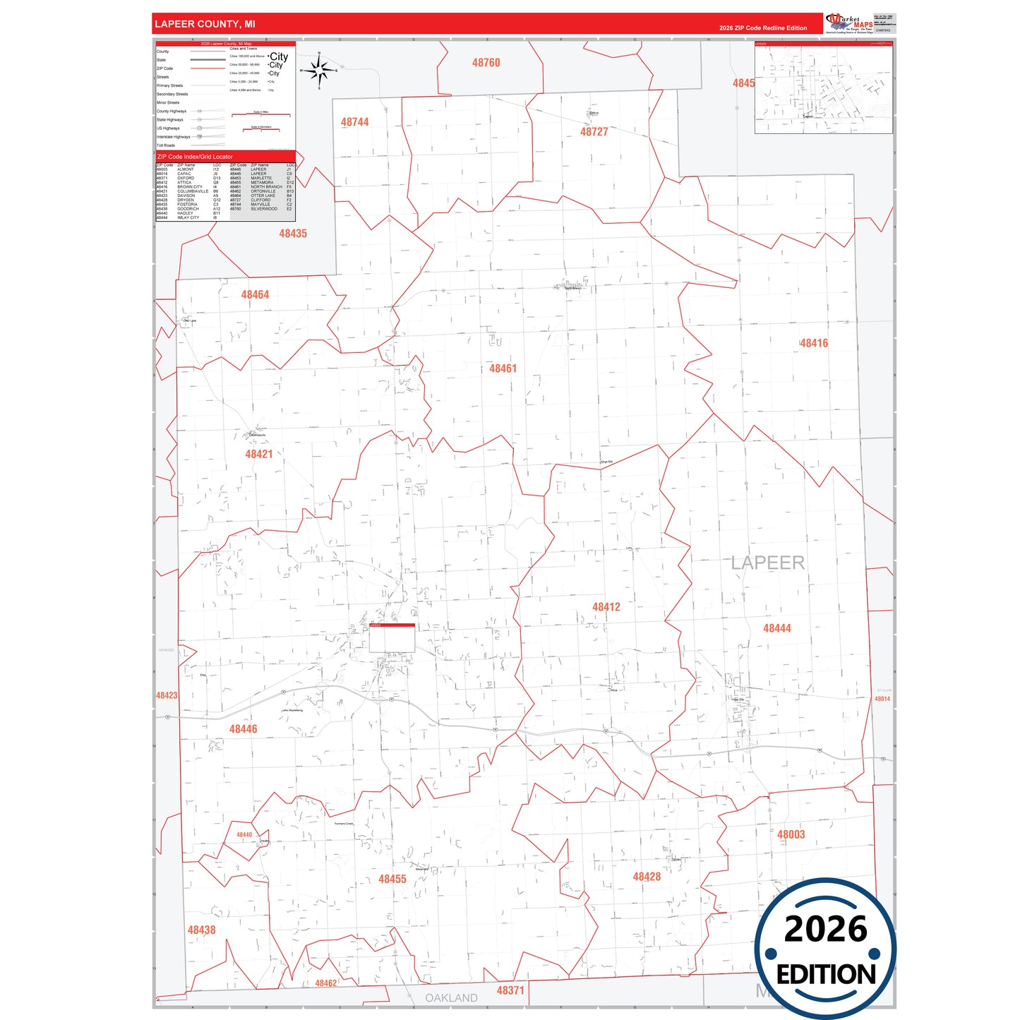 Lapeer County, MI Red Line 5 Digit ZIP Code Wall Map