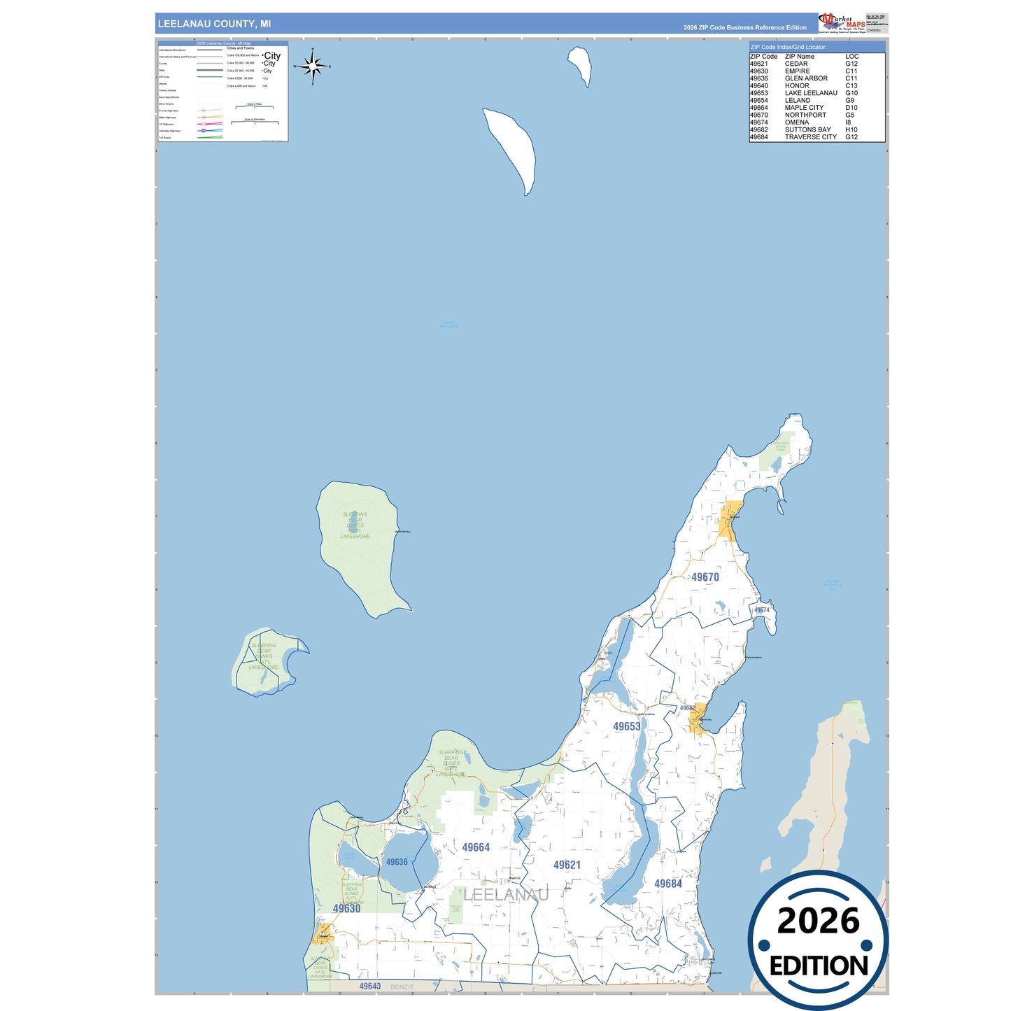 Leelanau County, MI Business Reference 5 Digit ZIP Code Wall Map