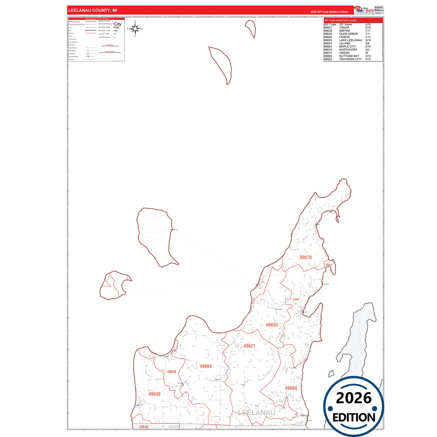 Leelanau County, MI Red Line 5 Digit ZIP Code Wall Map