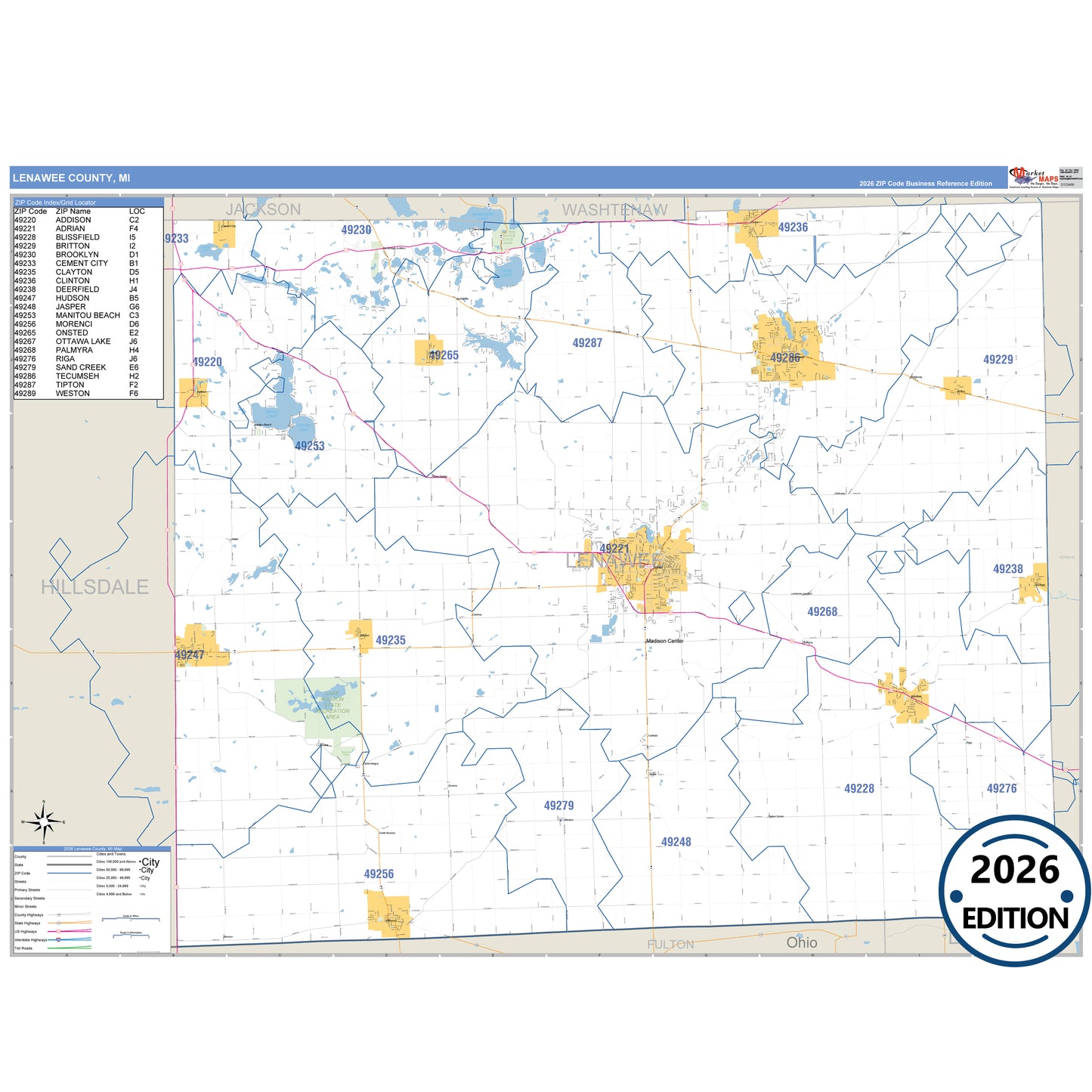 Lenawee County, MI Business Reference 5 Digit ZIP Code Wall Map
