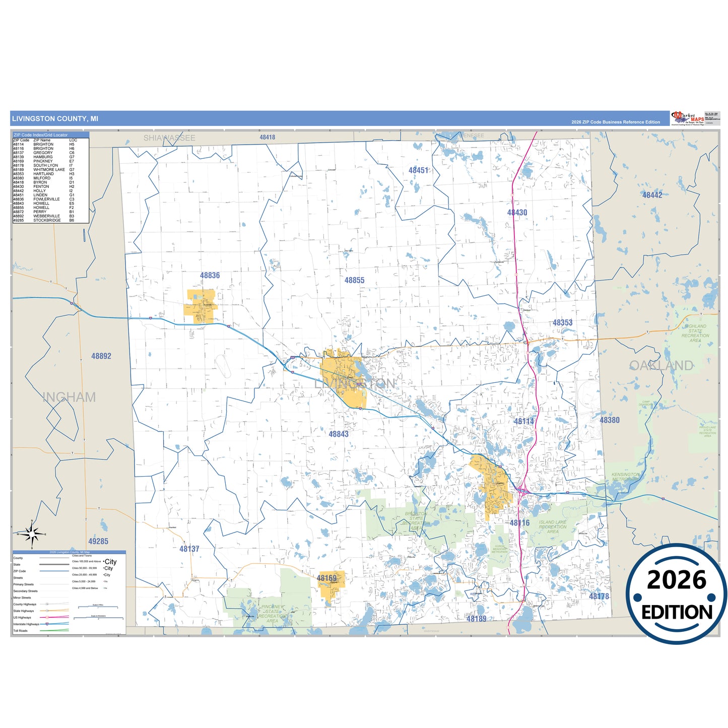 Livingston County, MI Business Reference 5 Digit ZIP Code Wall Map