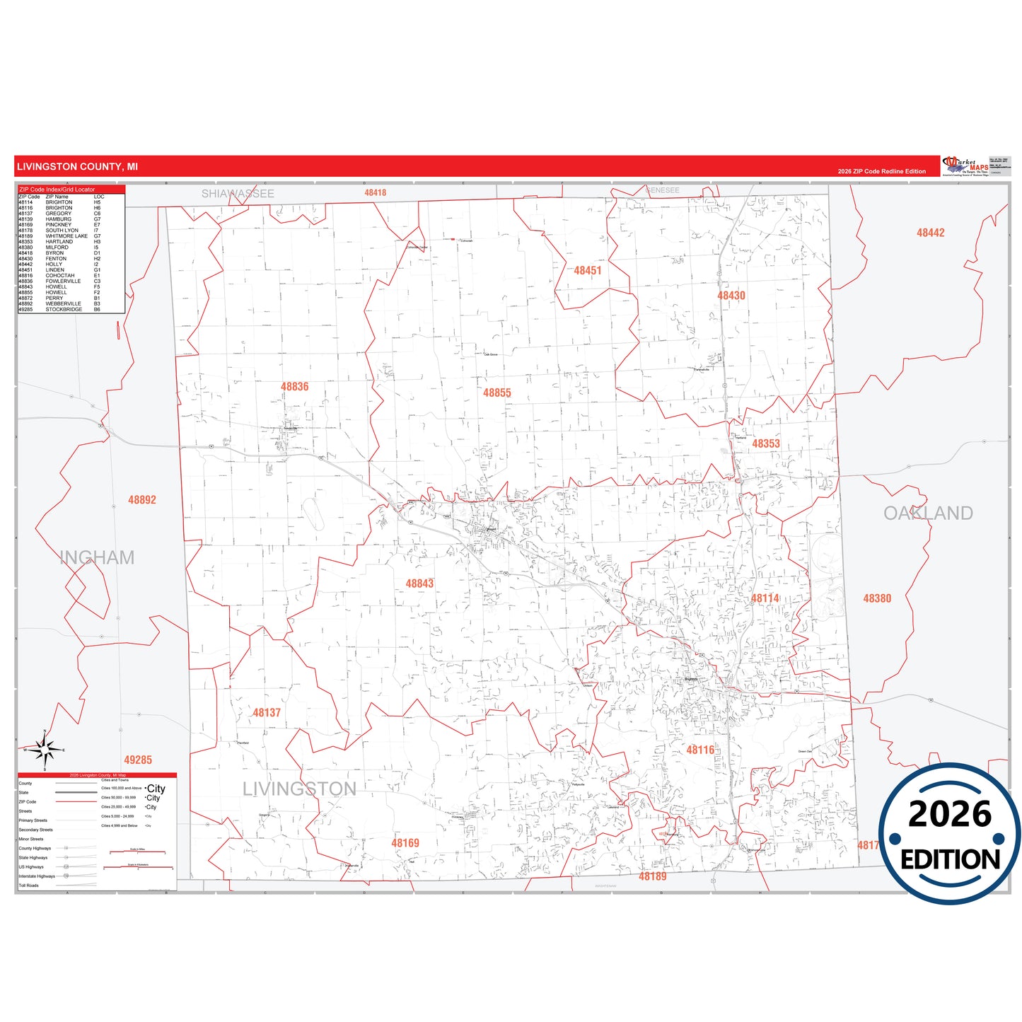 Livingston County, MI Red Line 5 Digit ZIP Code Wall Map