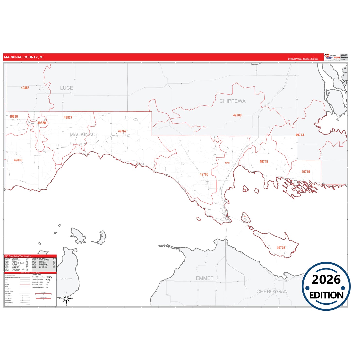 Mackinac County, MI Red Line 5 Digit ZIP Code Wall Map