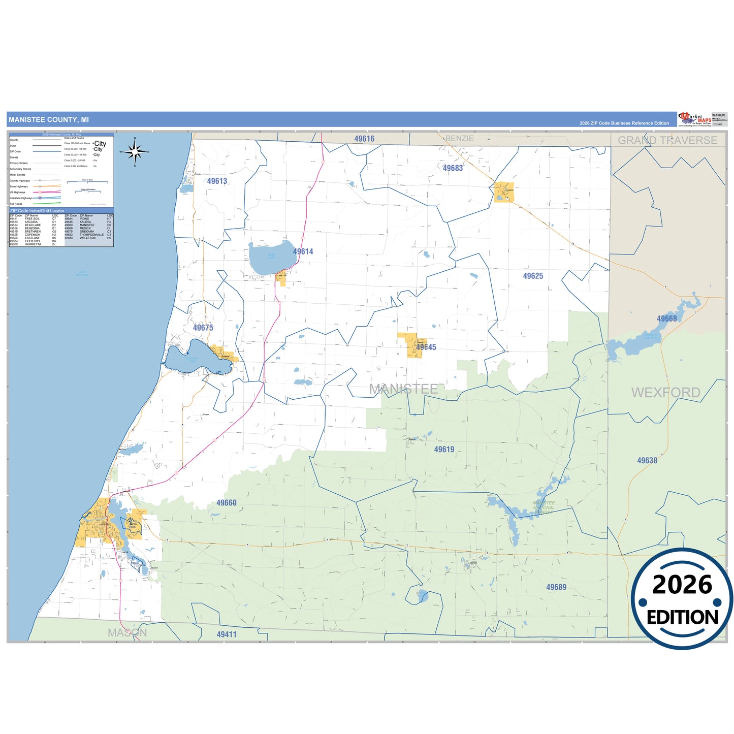 Manistee County, MI Business Reference 5 Digit ZIP Code Wall Map