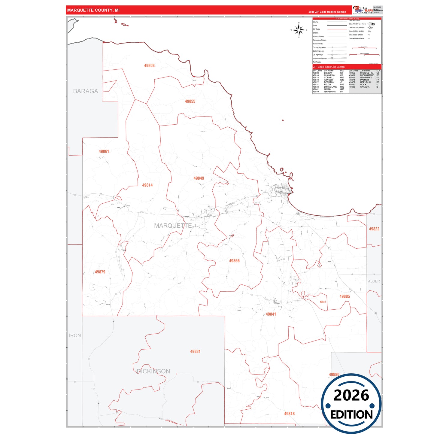 Marquette County, MI Red Line 5 Digit ZIP Code Wall Map