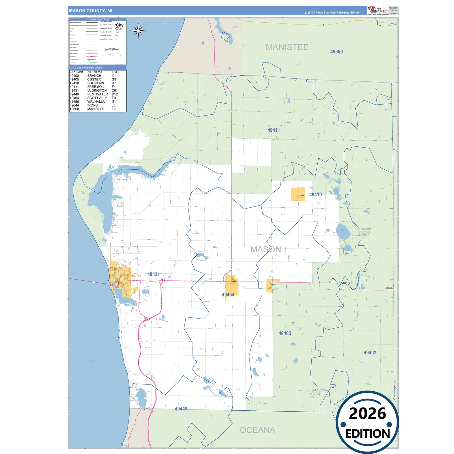 Mason County, MI Business Reference 5 Digit ZIP Code Wall Map
