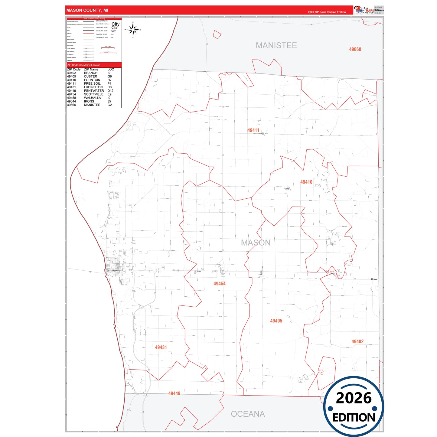 Mason County, MI Red Line 5 Digit ZIP Code Wall Map
