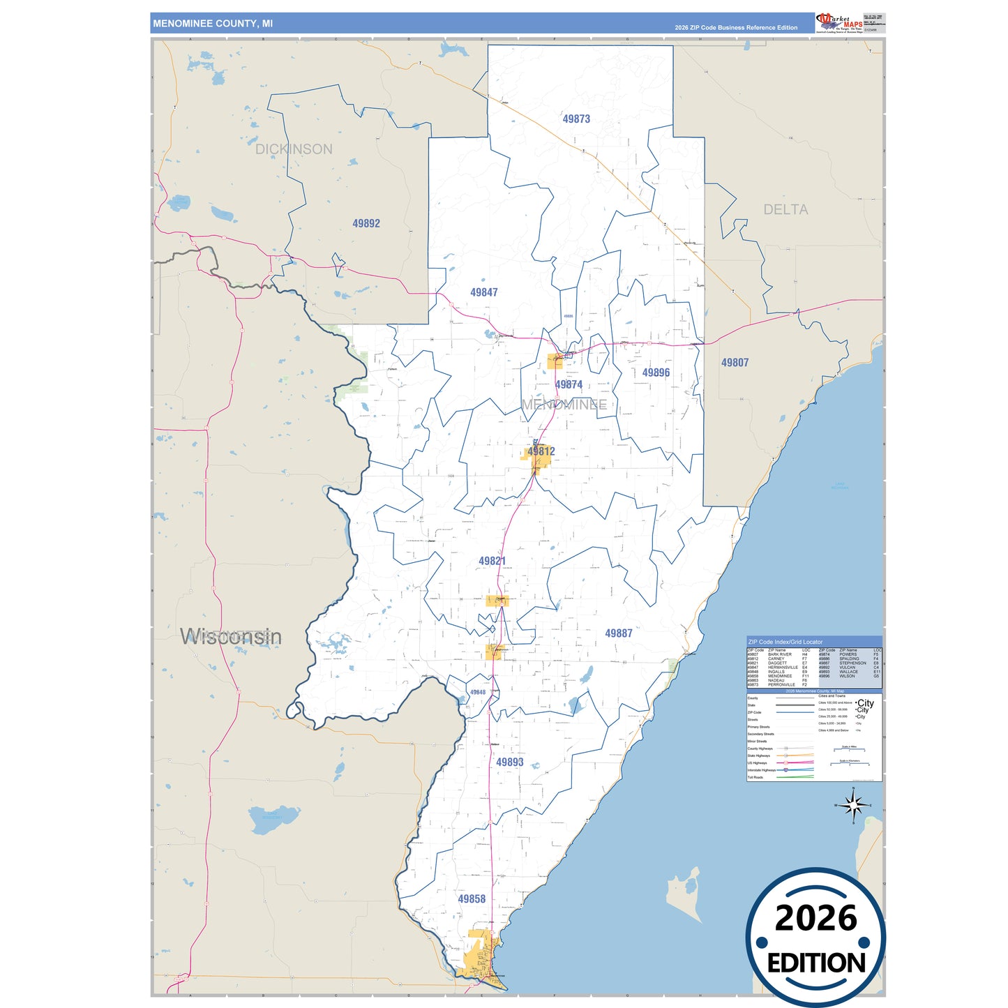 Menominee County, MI Business Reference 5 Digit ZIP Code Wall Map