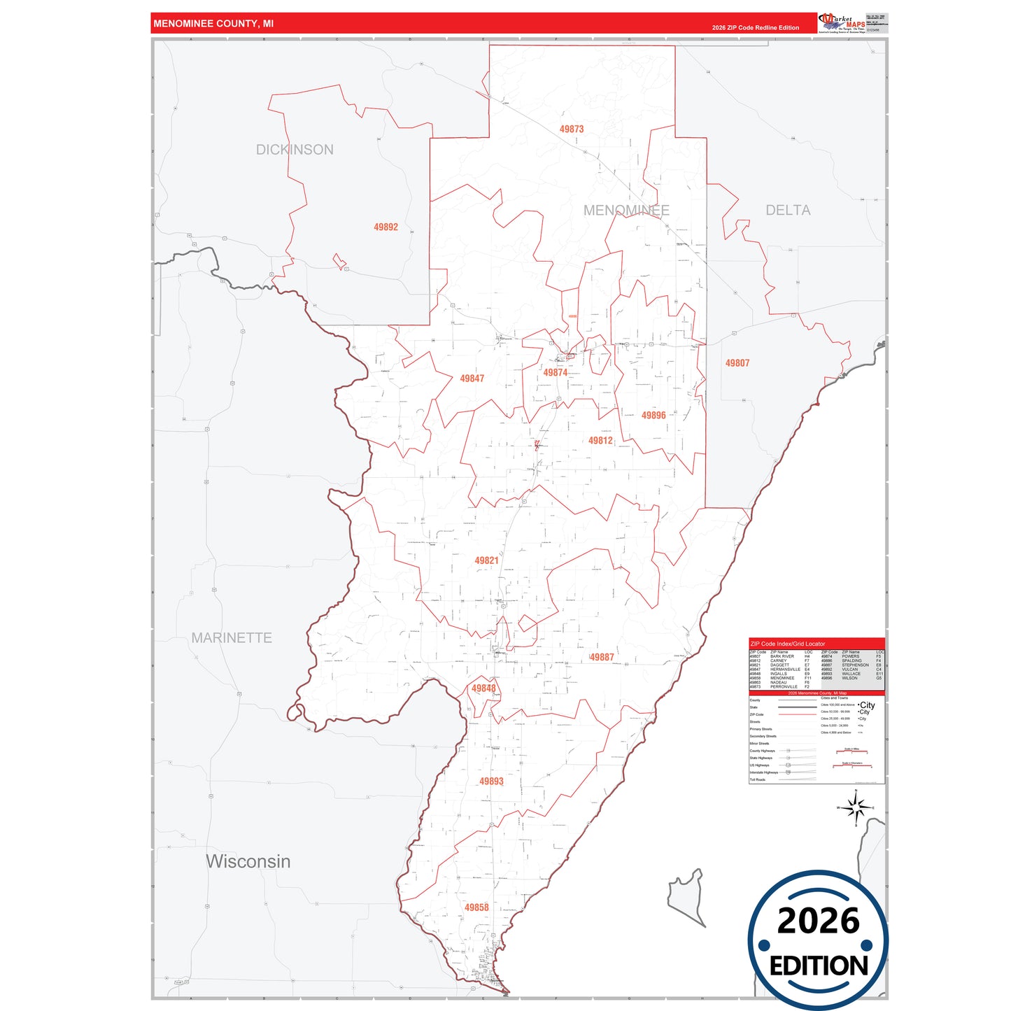 Menominee County, MI Red Line 5 Digit ZIP Code Wall Map