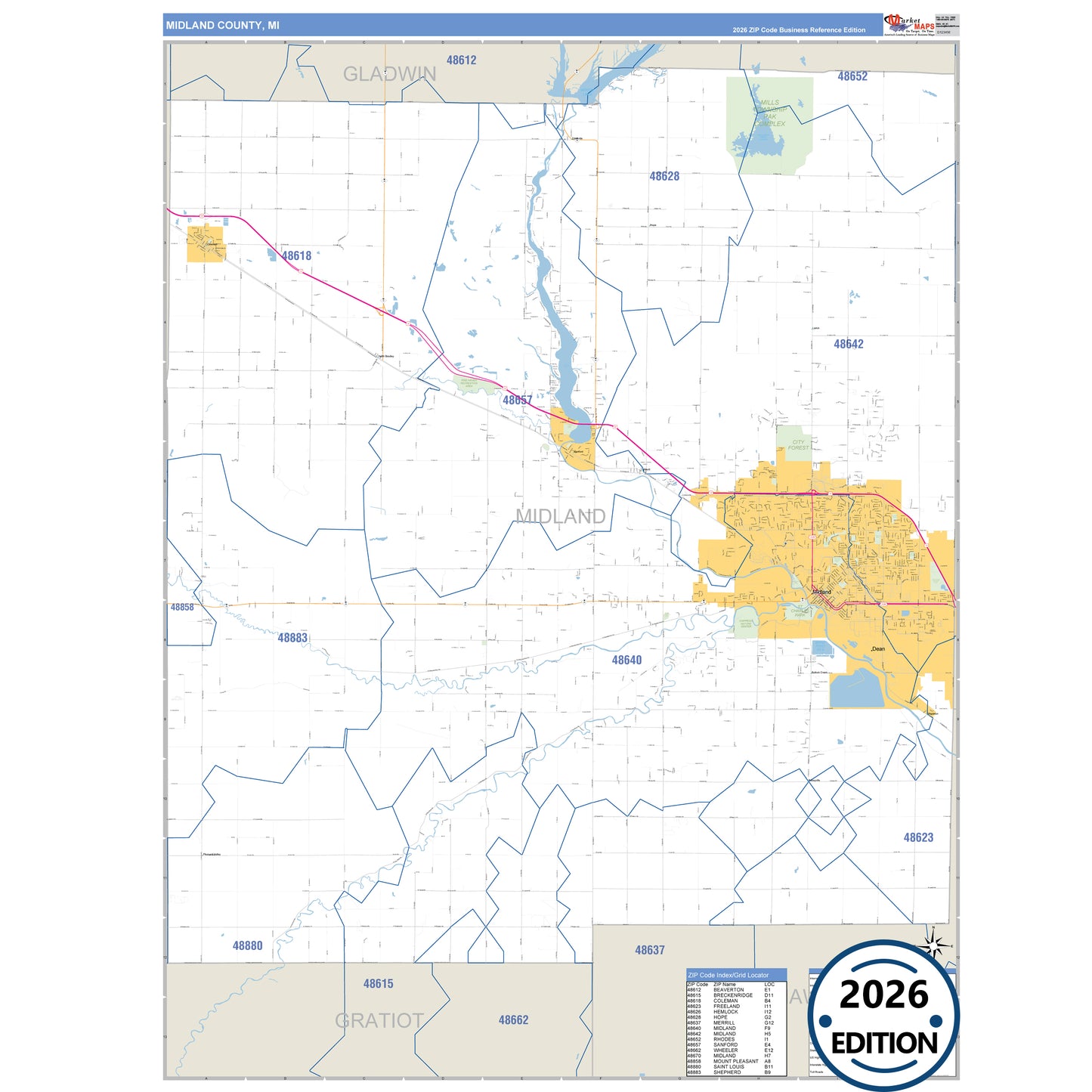 Midland County, MI Business Reference 5 Digit ZIP Code Wall Map