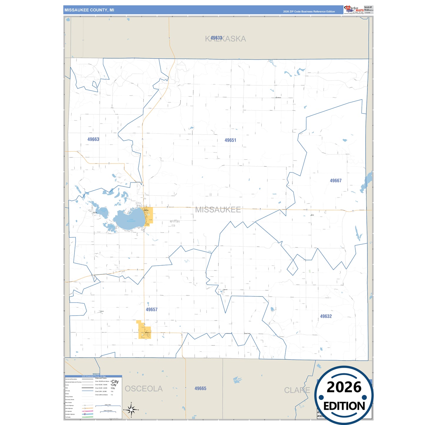 Missaukee County, MI Business Reference 5 Digit ZIP Code Wall Map