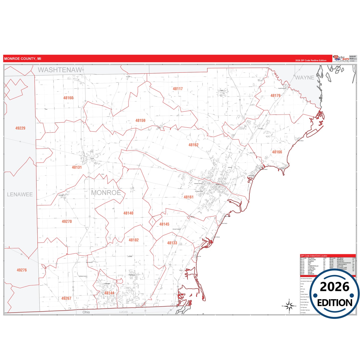 Monroe County, MI Red Line map with detailed roads, cities, and ZIP code boundaries.