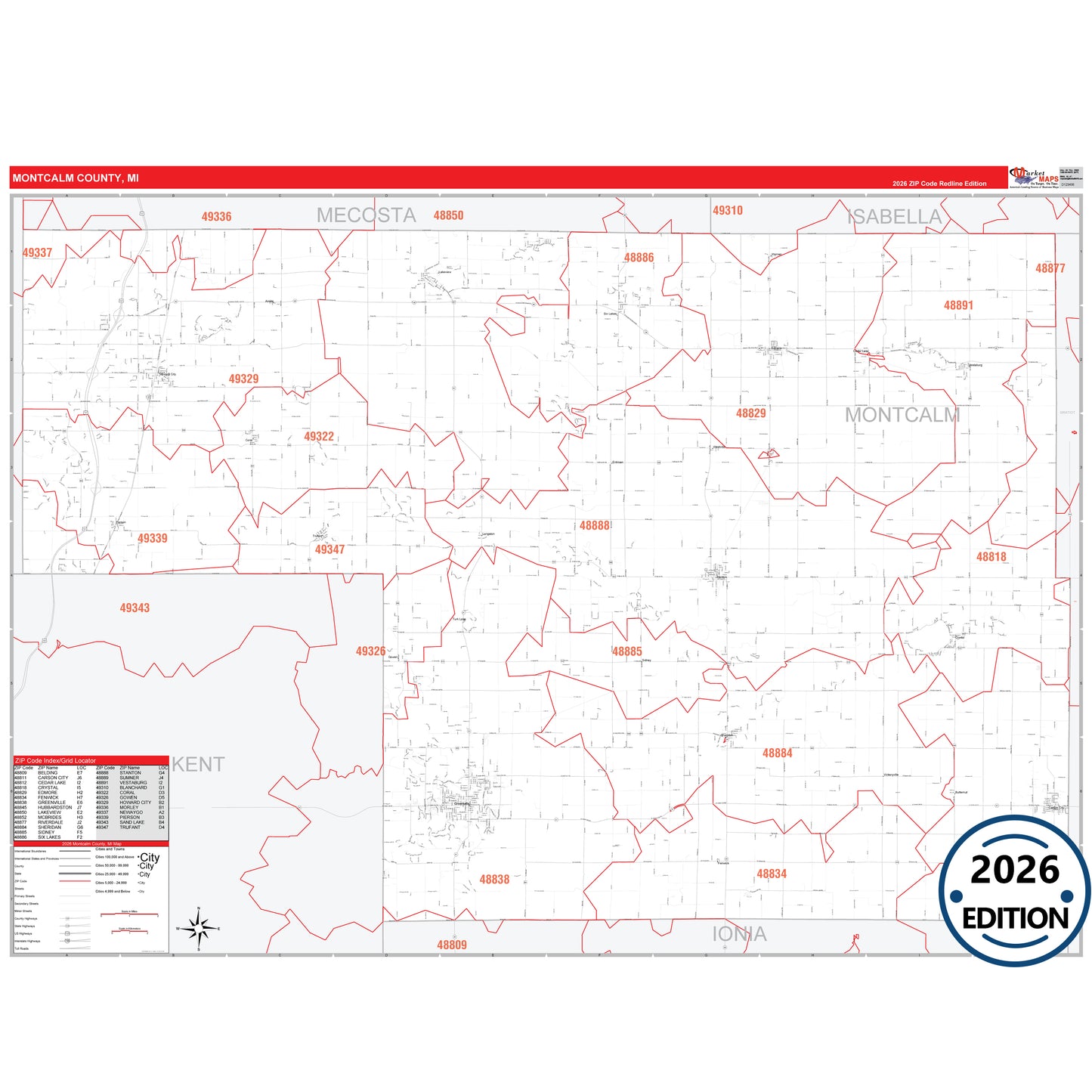Montcalm County, MI Red Line 5 Digit ZIP Code Wall Map