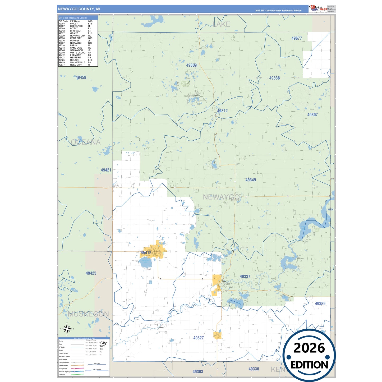 Newaygo County, MI Business Reference 5 Digit ZIP Code Wall Map