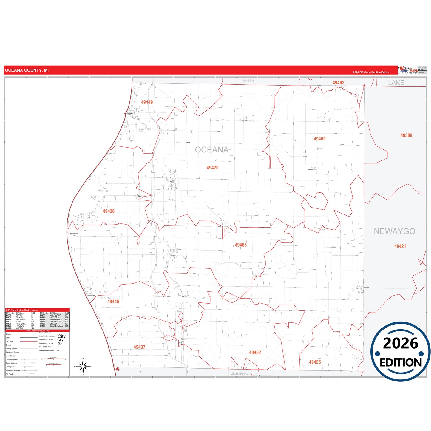 Oceana County, MI Red Line 5 Digit ZIP Code Wall Map