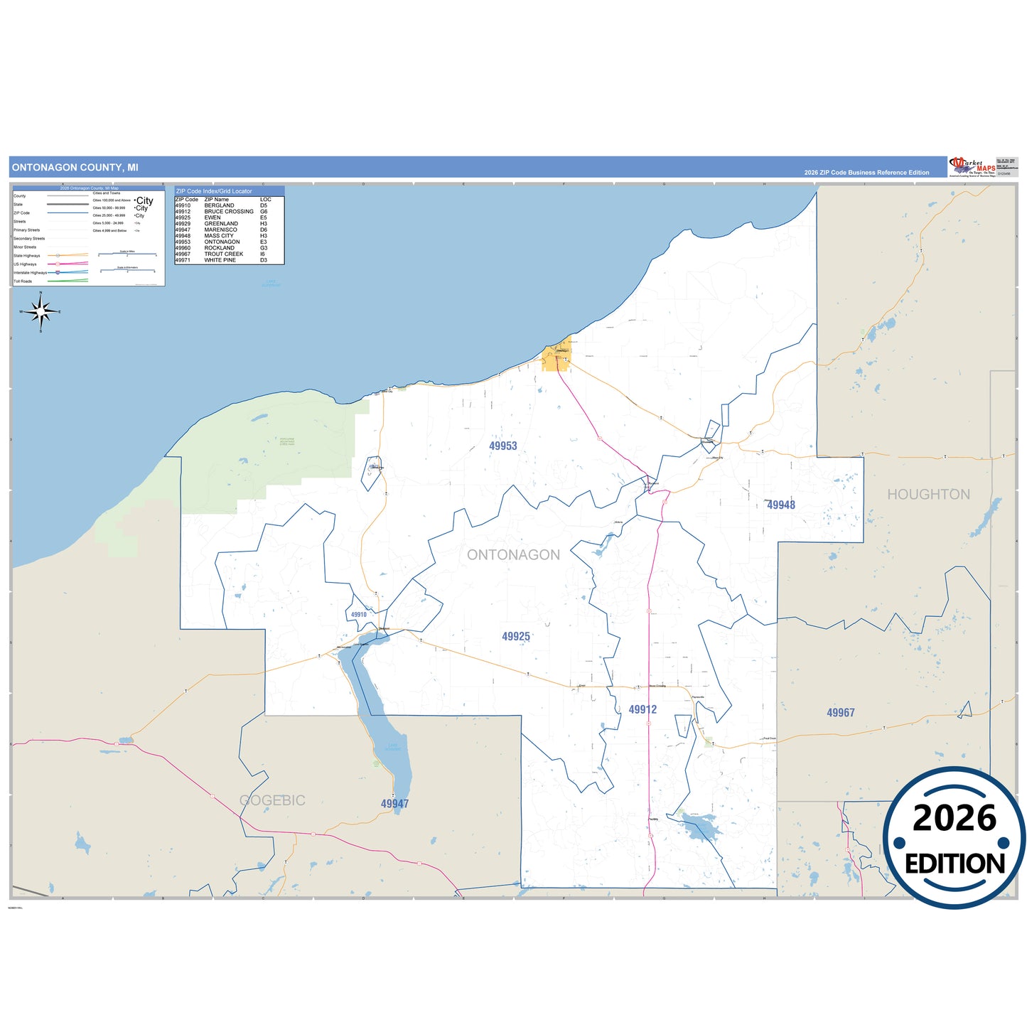 Ontonagon County, MI Business Reference 5 Digit ZIP Code Wall Map