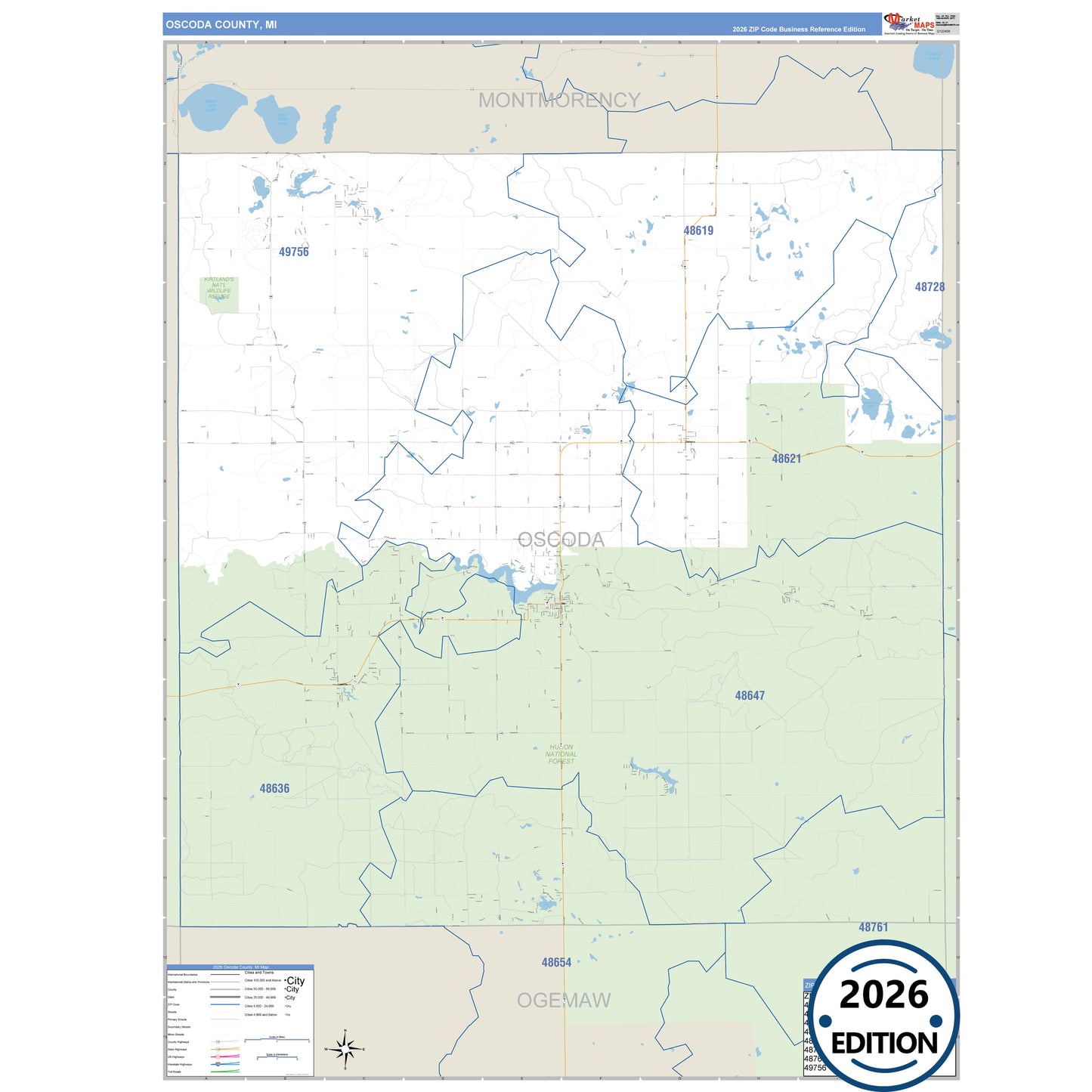 Oscoda County, MI Business Reference 5 Digit ZIP Code Wall Map