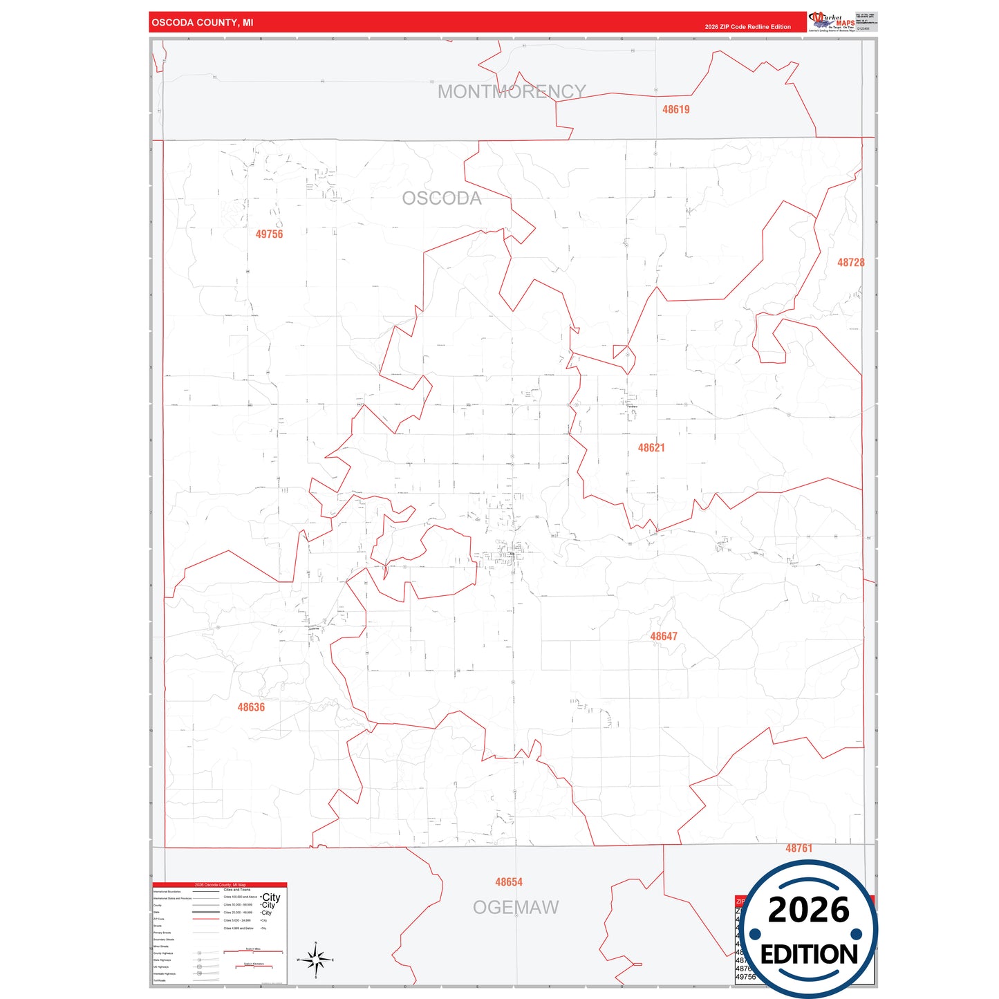 Oscoda County, MI Red Line 5 Digit ZIP Code Wall Map