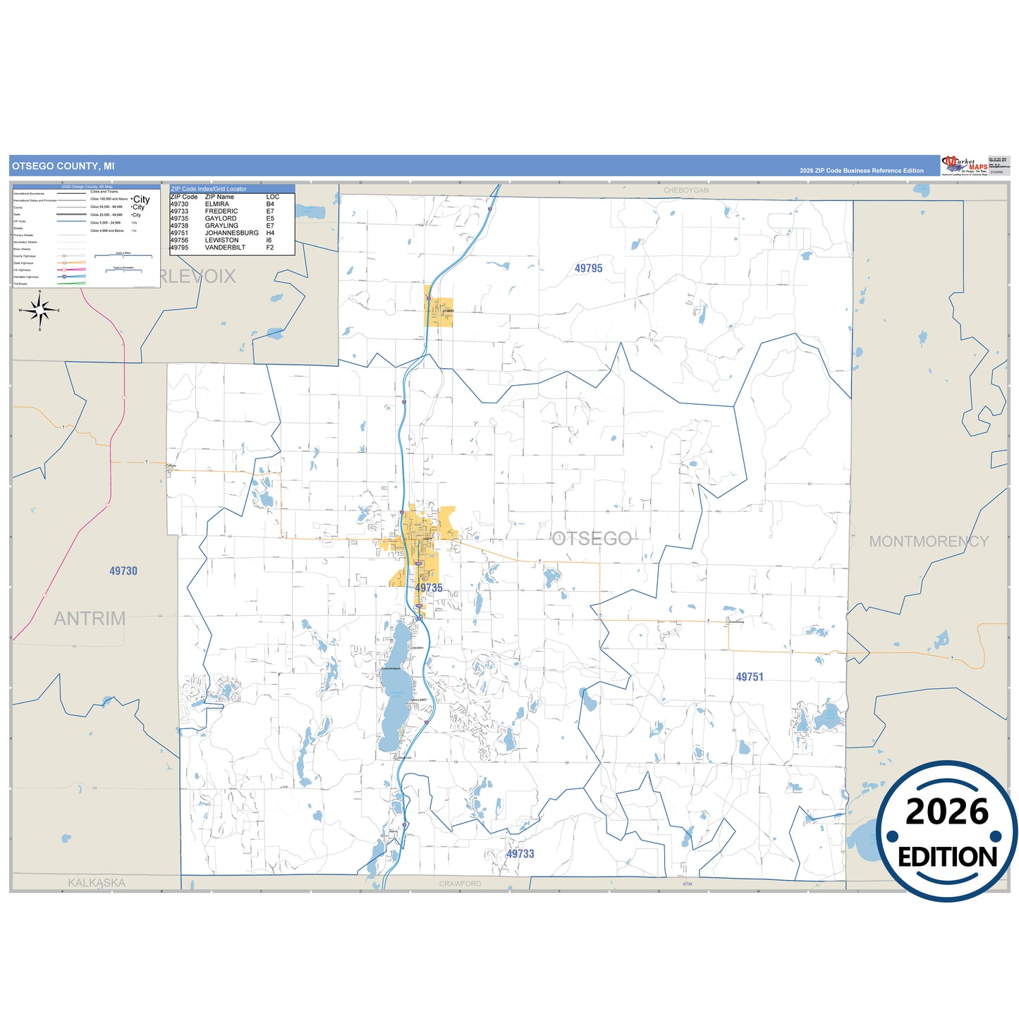 Otsego County, MI Business Reference 5 Digit ZIP Code Wall Map