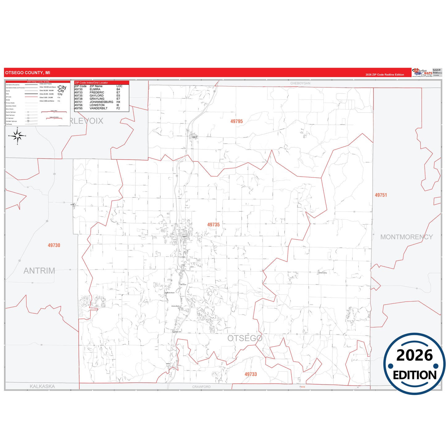 Otsego County, MI Red Line 5 Digit ZIP Code Wall Map