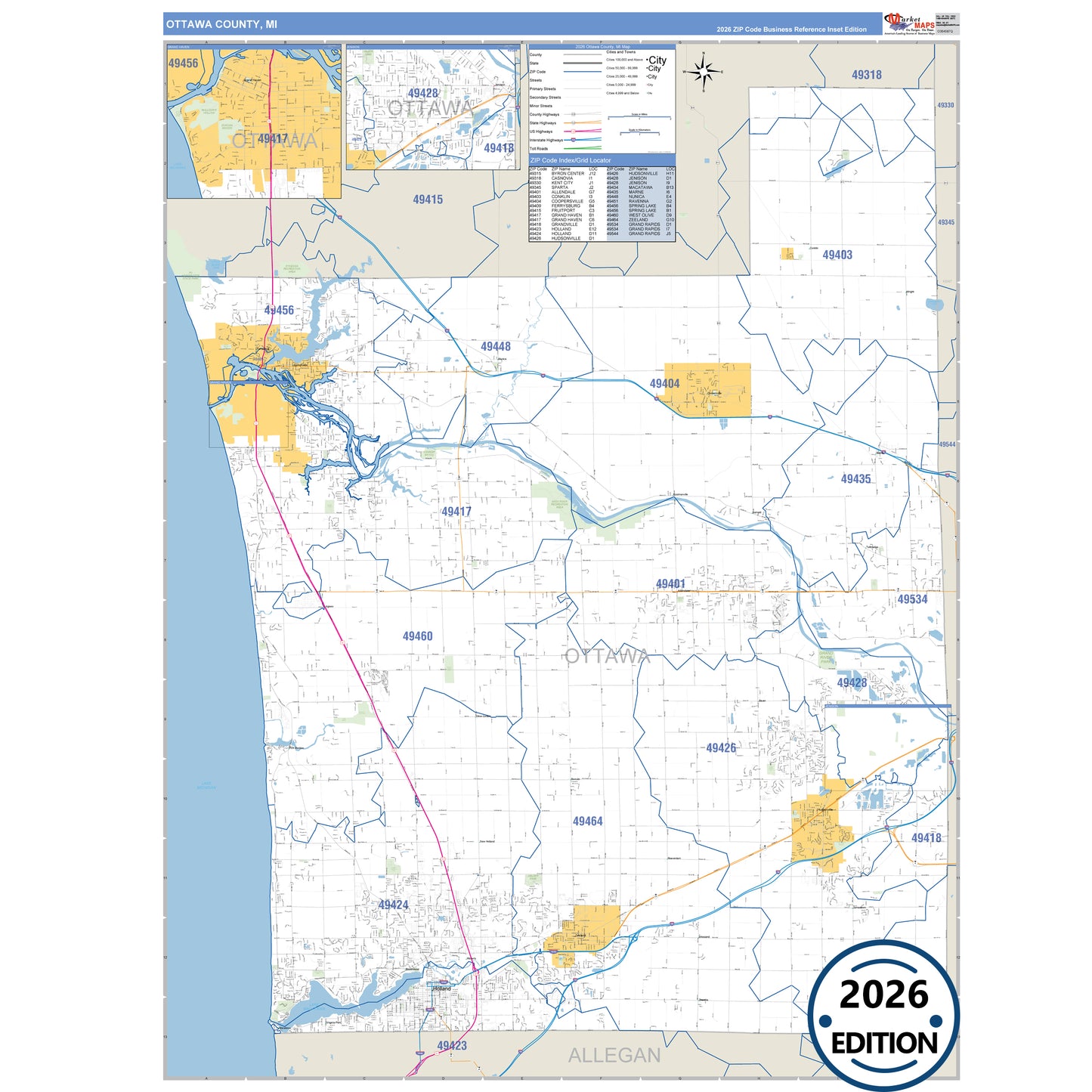 Ottawa County, MI Business Reference 5 Digit ZIP Code Wall Map
