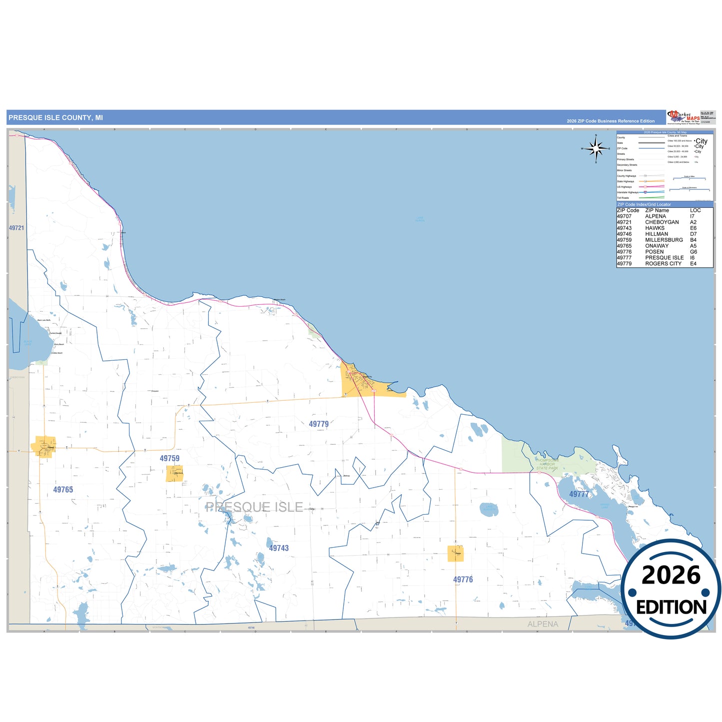 Presque Isle County, MI Business Reference 5 Digit ZIP Code Wall Map
