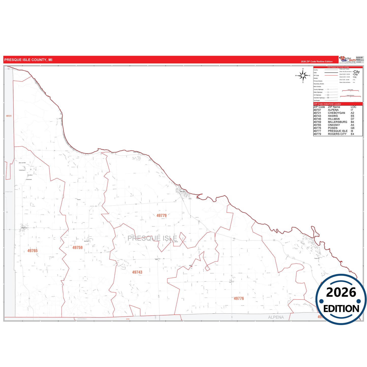 Presque Isle County, MI Red Line 5 Digit ZIP Code Wall Map