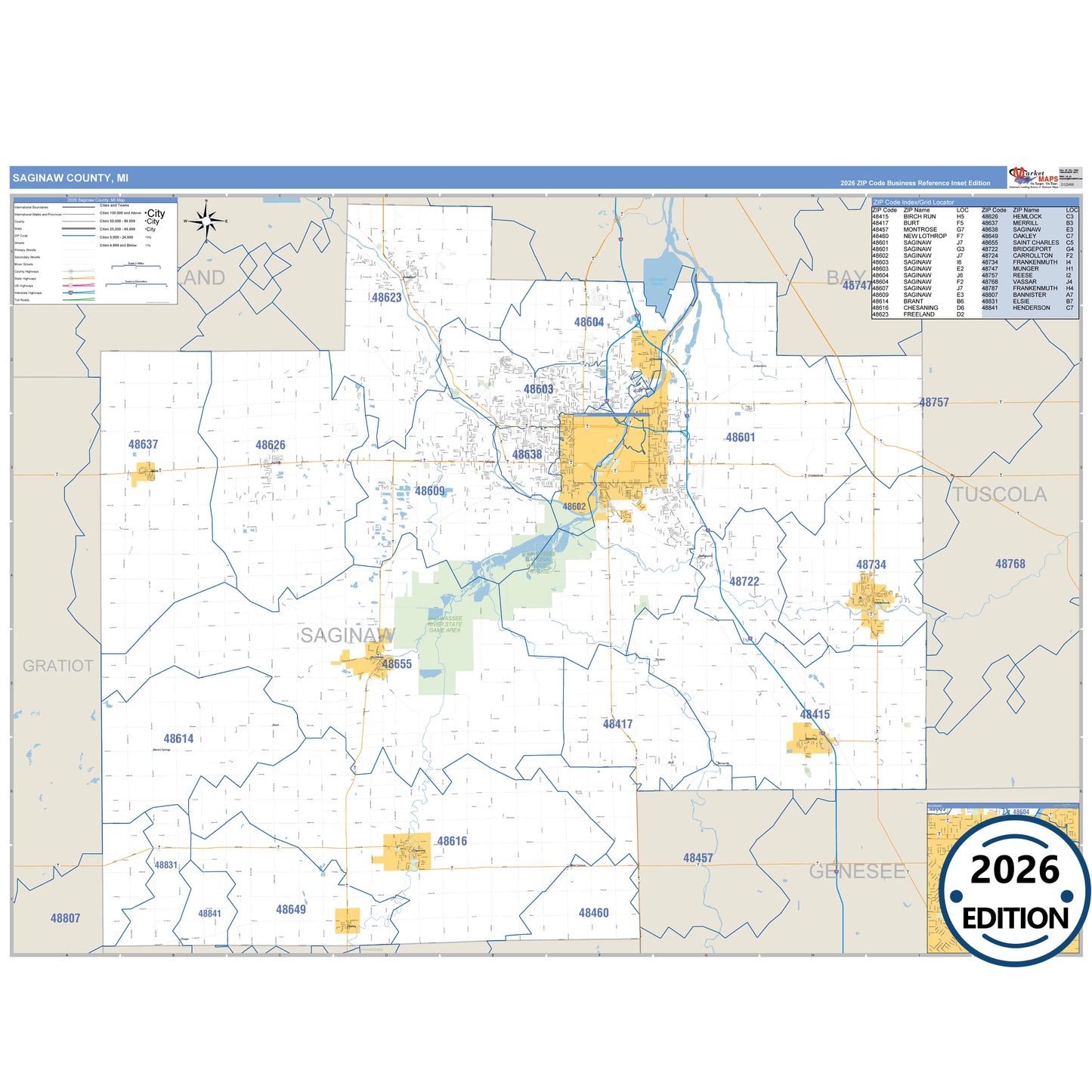 Saginaw County, MI Business Reference 5 Digit ZIP Code Wall Map