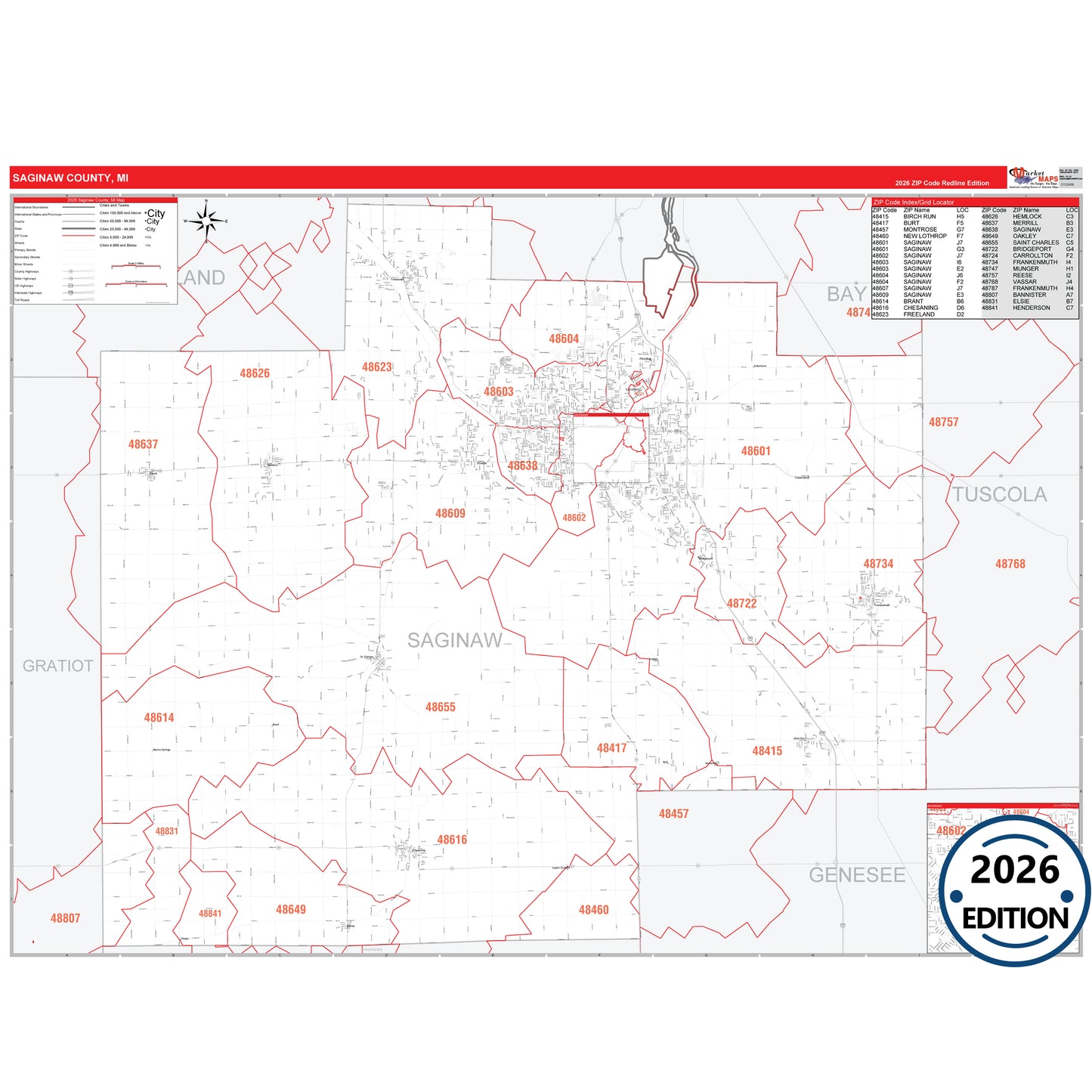 Saginaw County, MI Red Line 5 Digit ZIP Code Wall Map